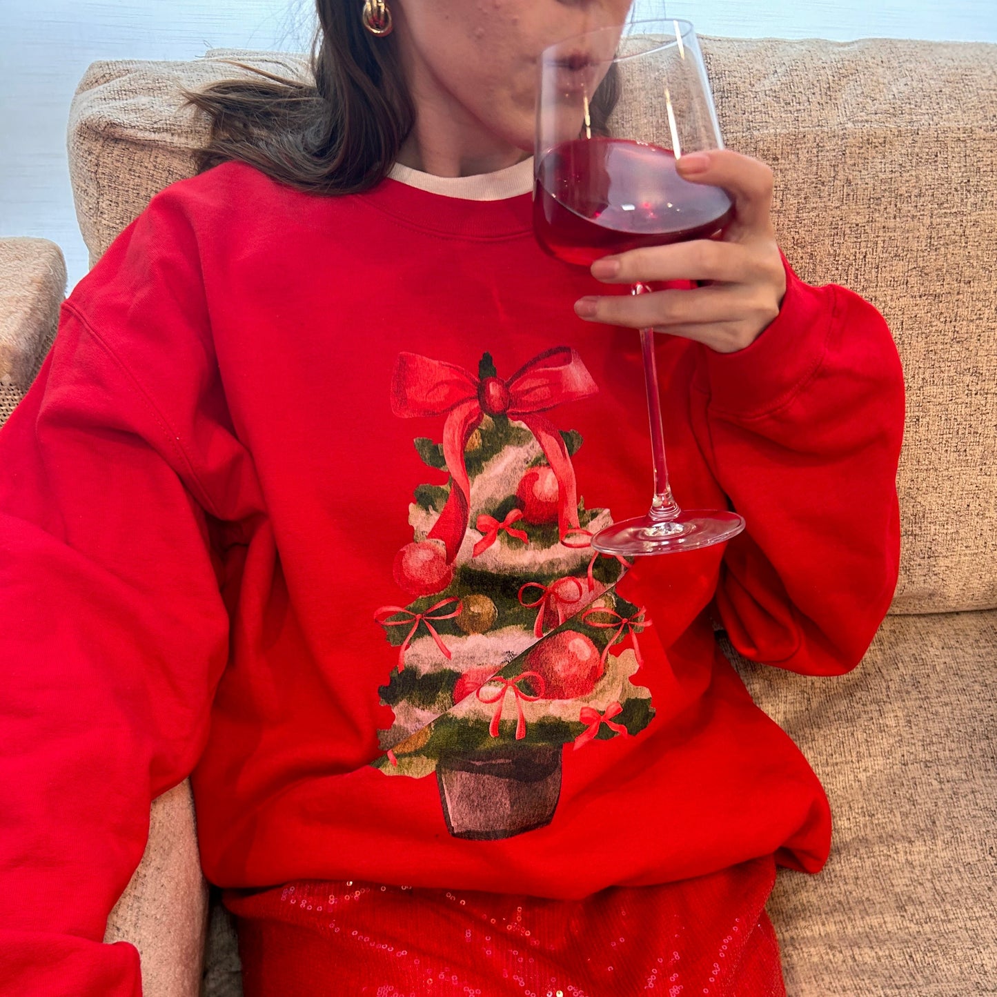 Red Bow Christmas Tree Sweatshirt, Festive Holiday Apparel