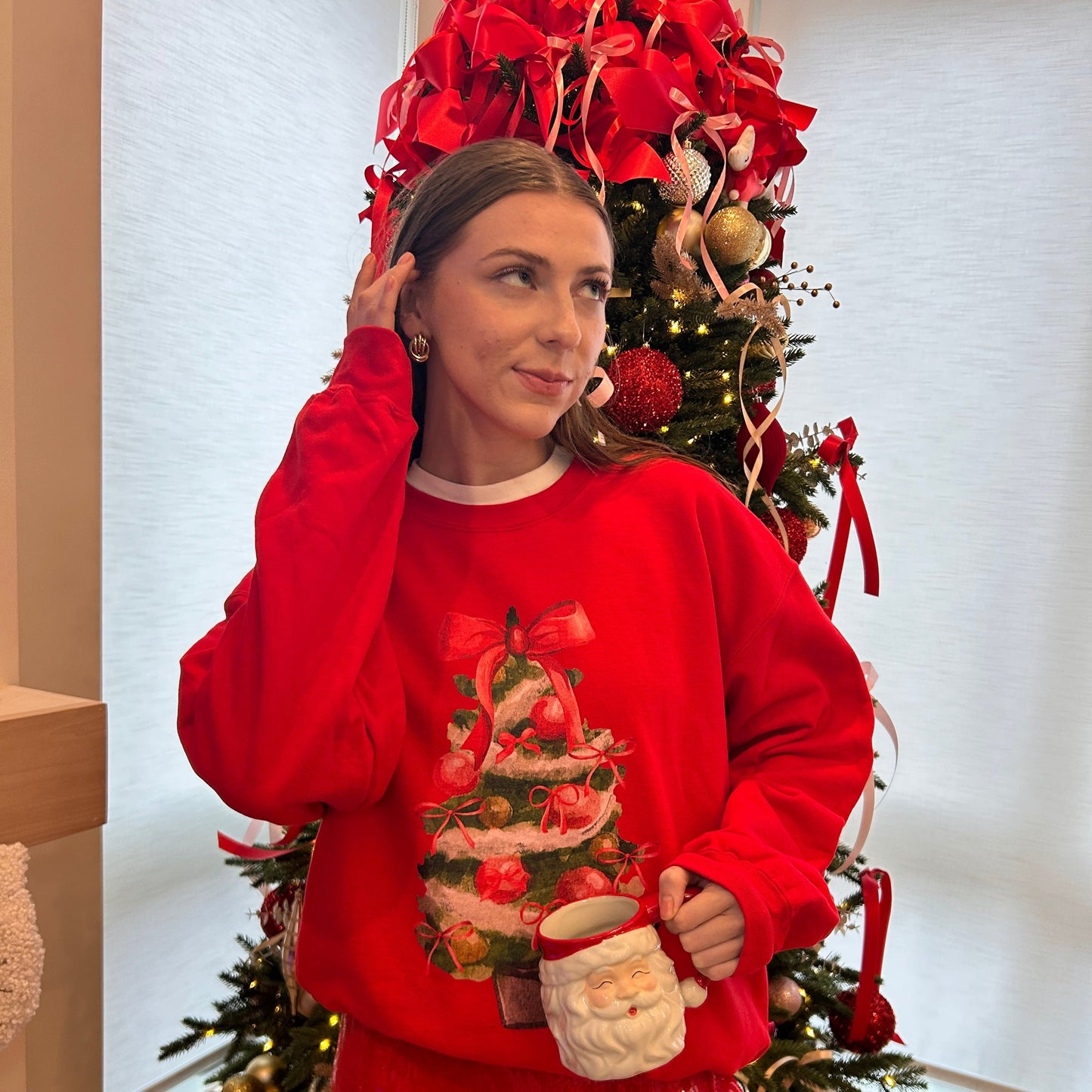 Red Bow Christmas Tree Sweatshirt, Festive Holiday Apparel