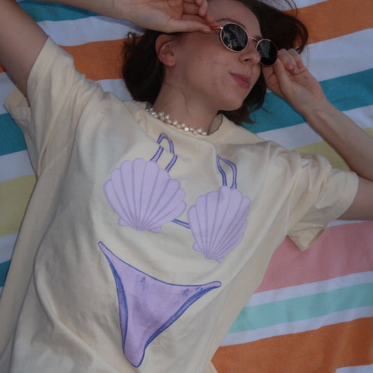 Bikini Swimsuit Coverup, Purple Seashell Bikini, Comfy Oversized Mermaid Shirt
